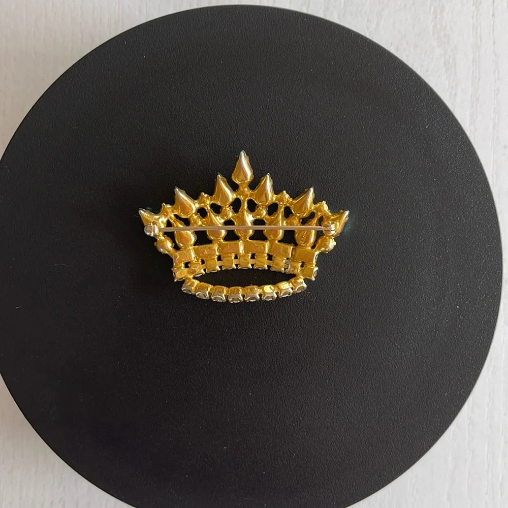 B.DAVID Signed Gold Tone Tiara Crown FauxPearl Aurora Borealis Iridescent Brooch